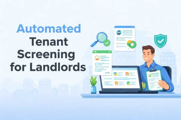 Automated tenant screening for landlords illustration showing landlord reviewing digital tenant application and background check on laptop