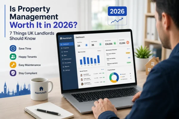 UK landlord managing rental properties using modern digital property management tools in 2026