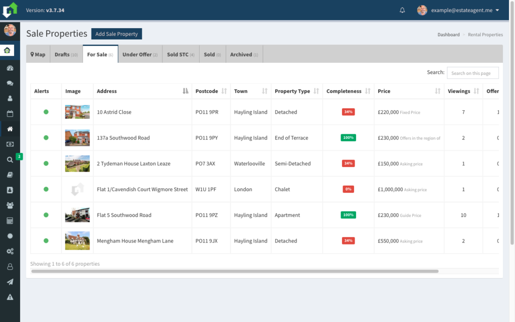 estate agent software UK dashboard for listings and enquiries