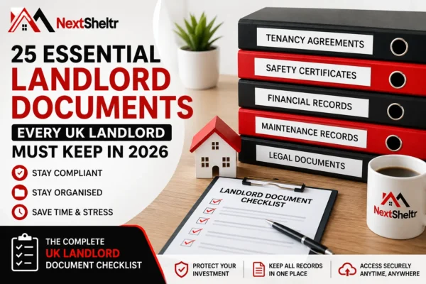 UK landlord organizing essential rental property documents using a digital document checklist
